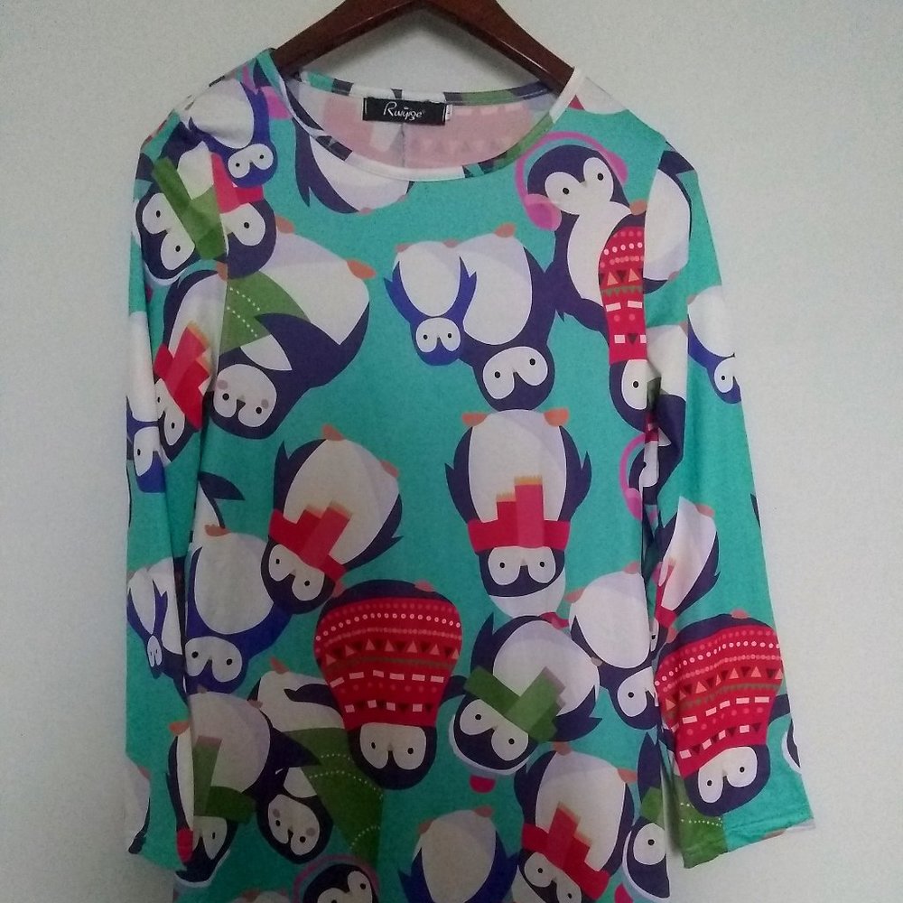 NWOT Penguin Long Sleeve Knee Length Large Light Blue Winter Holiday Dress